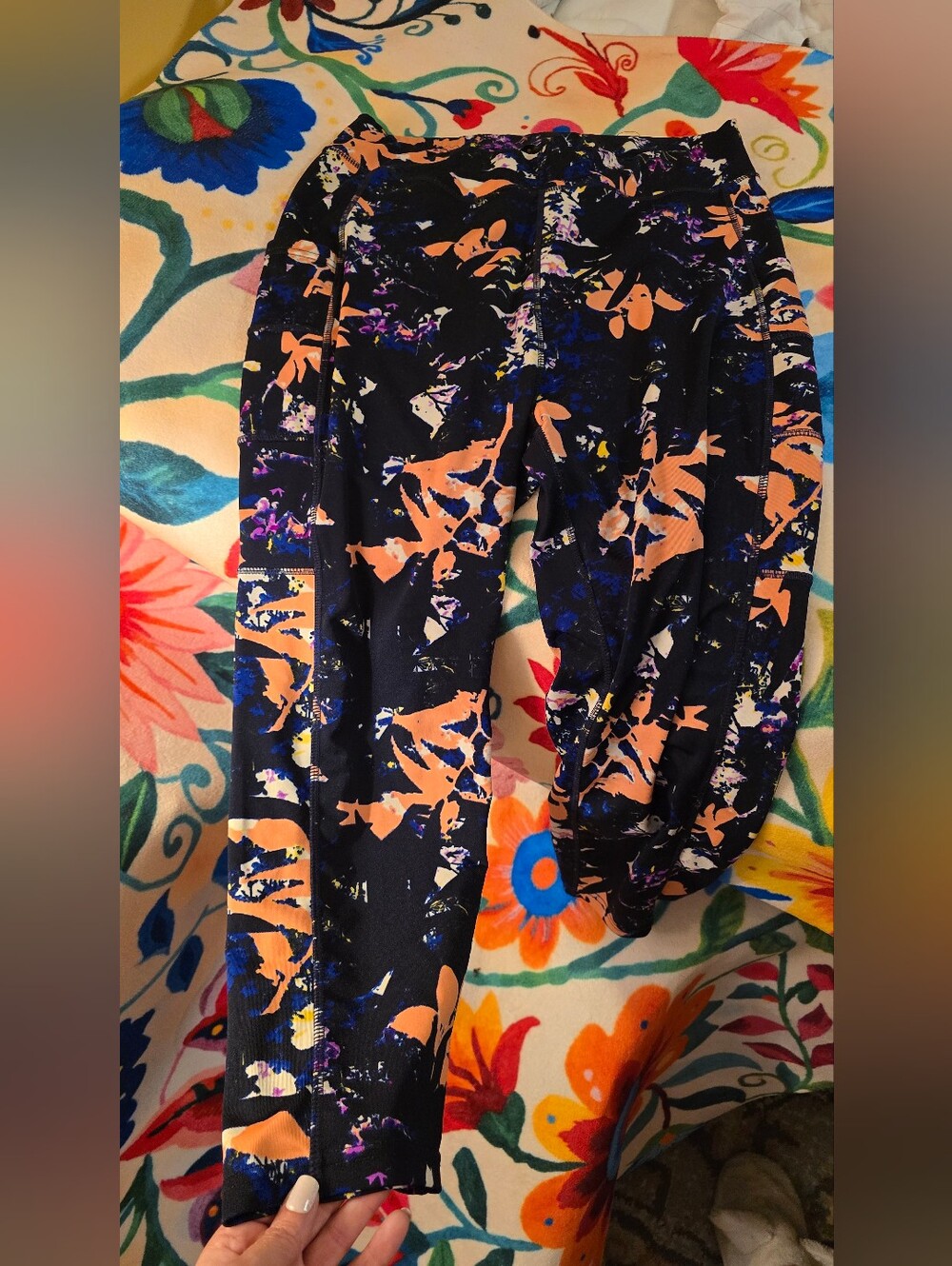 POP FIT Navy Multi Floral Pockets High Waist Athletic Leggings XL EUC